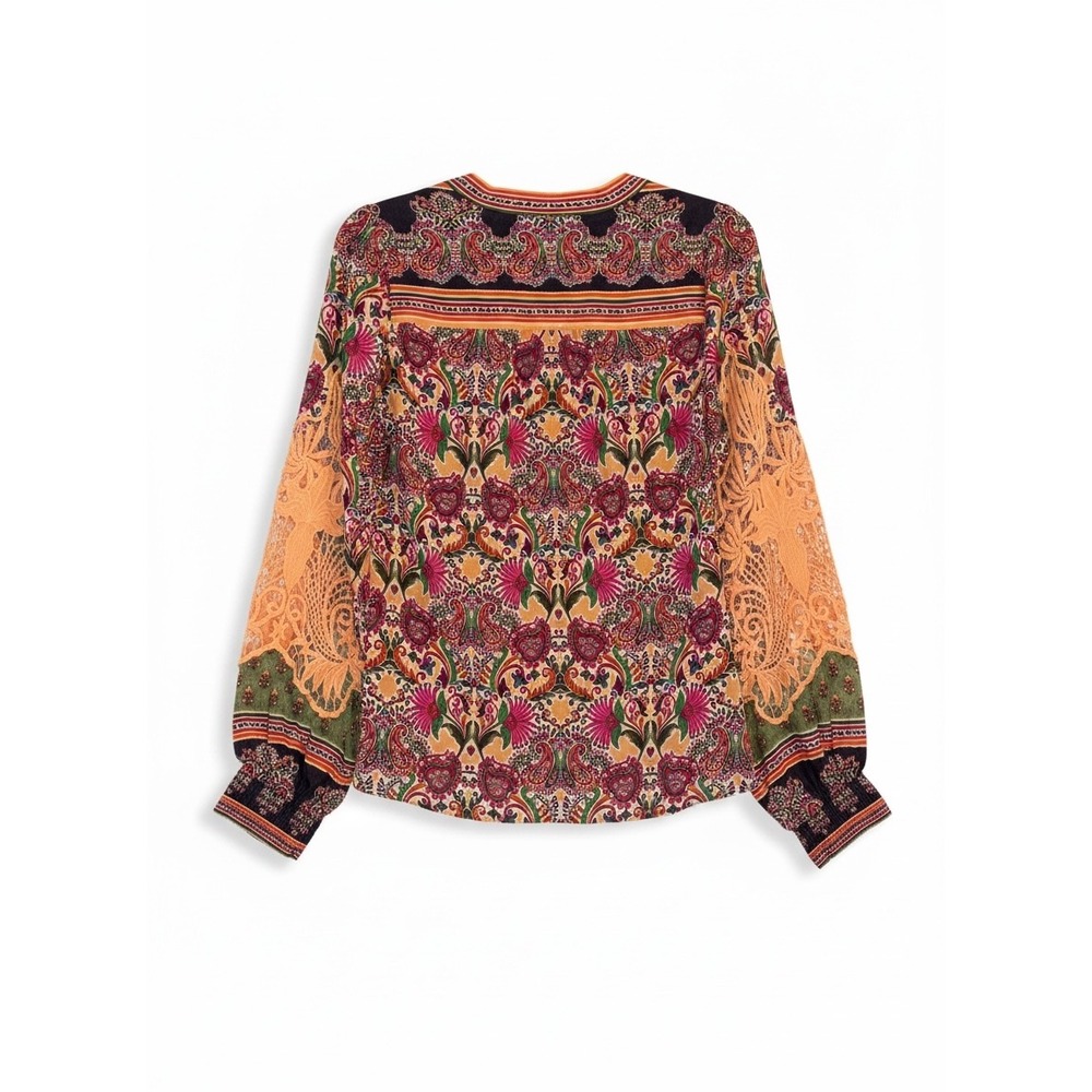 Hale Bob Lana Crochet Top Womens XS Orange Paisley Voluminous Sleeve - Picture 4 of 11